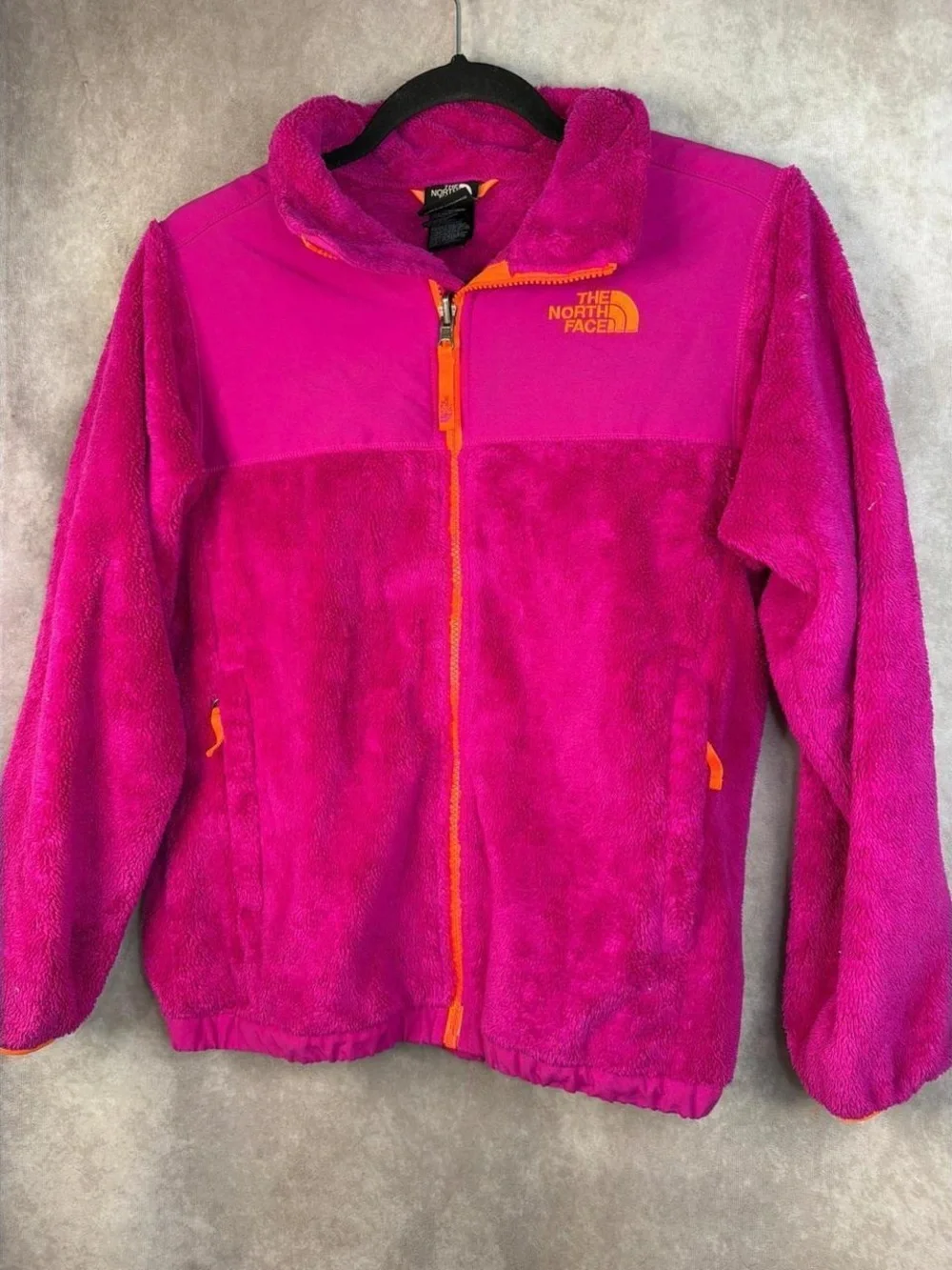 The North Face Plush Fleece Jacket in Hot Pink with Orange Trim